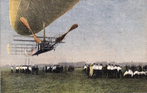Compiegnesta Lontooseen ilmalaivalla: Bayard-Clementin (Bayard Clement) laskeutuminen Wormwood Scrubbsiin. Kaiverrus. Yksi sanomalehdestä "" Le petit parisien"" 30.10.1910. Yksityinen kokoelma. tekijältä Anonymous Anonymous