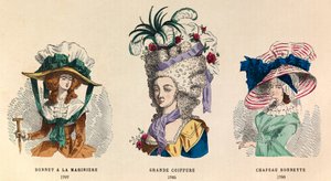 Vasemmalta varis: Hat a la mariniere vuonna 1787; Grande Hairstyle vuonna 1785 ja Hat Bonnette vuonna 1786 - yksityinen kokoelma tekijältä Anonymous Anonymous