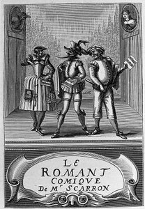 Ranskalaisen kirjailijan Paul Scarronin (1610-1660) kirjan "The Comic Roman" etukuva. Kaiverrus 1700-luvulta. tekijältä Anonymous Anonymous