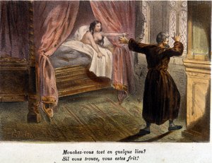 Upea kohtaus: Monk yrittää piiloutua sängyssä olevan alaston naisen seurassa, yllättynyt henkilön saapumisesta. Värikaiverrus 1800-luvulta. .