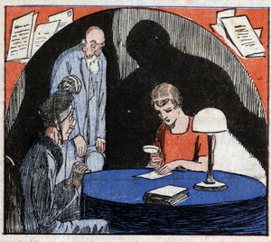 Grafologia: grafologi, jota vanha pariskunta neuvoo, lukee suurennuslasilla henkilön käsinkirjoitettua kirjoitusta päätelläkseen psykologisia piirteitä. Kaiverrus "" Le Petite Journal illustrious"" 1926. Yksityinen kokoelma. tekijältä Anonymous Anonymous
