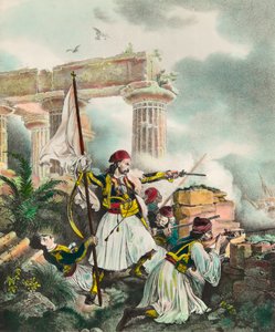 Kreikan itsenäisyyssota Ottomaanien valtakuntaa vastaan: Nickolaki Mitropolosin lippu nousee Salonaan 25.3.1821 järjestetyn kansannousun jälkeen. Litografia 1800-luvun yksityiskokoelmasta tekijältä Anonymous Anonymous