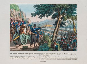 Guerre russo-turque de 1828-1829 - Venäjän armeija ylittää Pruth-joen Moldaviaan toukokuussa 1828 par Anonymous, n. 1830 - Etsaus, akvarelli tekijältä Anonymous Anonymous