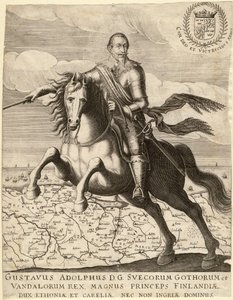 Gustave II Adolphe, dit le Grand ou le lion du Nord (1594-1632), roi de Suede, chevauchant la carte de Pomeranie - Gustavus Adolphus ennen Pommerin karttaa taustalla - Anonymous - 1630 - Kuparikaiverrus - 30,4x23, 9 - Yksityinen kokoelma tekijältä Anonymous Anonymous