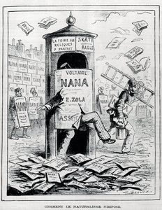 Miten naturalismi pakotetaan: satiirinen piirros Emile Zolan kirjasta "Nana" liittyvästä naturalistiromaanista. Kaiverrus 1800-luvulta. Yksityinen kokoelma. tekijältä Anonymous Anonymous