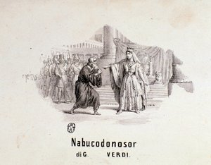 Giuseppe Verdin Nabucco-oopperan partituurin kuvitettu etukappale tekijältä Anonymous Anonymous