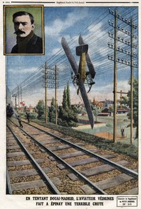 Houkuttelevassa Douai - Madridissa lentäjä Jules Vedrines (1881-1919) teki Epinayn kauhean putouksen. Kaiverrus Le Petit Journalissa”, 12.5.1912 tekijältä Anonymous Anonymous