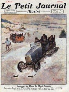 Innovaatioita autoissa vuoristossa, telat on sijoitettu pyöriin välttäen vaurioita. Kuva otettu 27.2.1921 ilmestyneestä "" Le petit Journal" -julkaisusta. Yksityinen kokoelma tekijältä Anonymous Anonymous