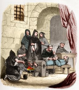 Inkvisitio Espanjassa 1400-luvulla: espanjalainen inkvisiittori (1441/1442-1485) arbueslaisen (1441/1442-1485) Pietari (Pedro), jota syytetään juutalaisuudesta, kiduttaa Burgundin Mariaa (1457-1482): hän polttaa jalkojaan . Kuvitus "" Mysteres of the Inqui tekijältä Anonymous Anonymous