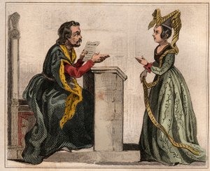 Jehan Pastoret (1328-1405), Pariisin parlamentin presidentti Kaarle V:n hallinnon aikana jalo naisen kanssa liripionissa. Kaiverrus vuodelta 1859 Le Mondessa. Kaikkien kansojen historia kaukaisimmista ajoista nykypäivään." Kirjailija: M. E. de Lostal tekijältä Anonymous Anonymous