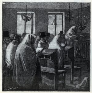 Juutalaiset juhlat: fideles rukouksen aikana oratoriossa lomien aikana. Kaiverrus "Le monde illustree"" vuodelta 1892. Yksityinen kokoelma. tekijältä Anonymous Anonymous