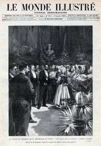 Sadi Carnotin (1837-1894) matka Savojaan: Tasavallan presidentti toivottaa Chamberyyn tervetulleeksi nuoret tytöt tarjoamalla hänelle kukkakimpun. Sanomalehti. Kaiverrus "Le monde illustree" -kirjaan vuodelta 1892. Yksityinen kokoelma. tekijältä Anonymous Anonymous