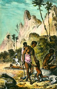 Matka Ile de Francelle (nykyinen Mauritius): orjien työ. Valkoinen hyväksikäytön mestari ruoskii maassa makaavaa orjaa. Nainen käyttää kaulakorua jalkansa kanssa. Kaiverrus 1700-luvulta. Yksityinen kokoelma. tekijältä Anonymous Anonymous