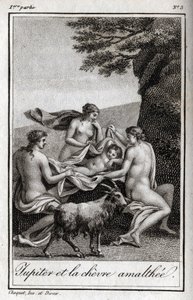 Jupiter-lapsi, jota ruokkii vuohi Amalthee. Kaiverrus vuodelta 1819 Charles Albert Demoustier