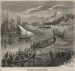 Toulonin vankila - Rhône-joelta laskeutuva ketju - Pierre Zacconen (1817-1895) kaiverrus "Vankiloiden historiasta niiden luomisesta nykypäivään" (1877) (Colonia Penale - Rangaistussiirtokunta) tekijältä Anonymous Anonymous