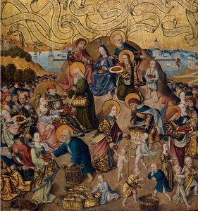 ""Viiden leivän ja kahden kalan ihme"" Anonyymi maalaus puulle, noin 1500 (Anonymous: Viiden leivän ja kahden kalan ihme) c 1500 - Öljy puulle, 68,9x62,7 - Yksityiskokoelma tekijältä Anonymous Anonymous