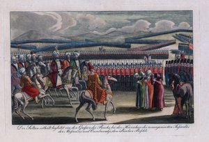 ""Ottomanin sulttaani Selim III (1761-1808) arvioi uutta jalkaväkeään"" Nimetön kaiverrus 1806 Yksityinen kokoelma tekijältä Anonymous Anonymous