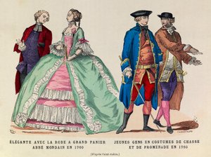 Vasemmalla: Elegantti suurella korimekolla, mondain abbe 1760/oikealla: Nuoret miehet metsästys- ja kävelypuvussa 1760 (kuningas Ludvig XV:n hallitus) - yksityinen kokoelma tekijältä Anonymous Anonymous