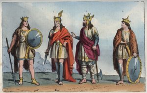 Les Merovingiens - Merovingien dynastia - Pharamond tai Faramund (- Chlodio (Clodius, Clodion, Cloio tai Chlogio) (Clodion le Chevelu) (n. 390 - noin 450) - Merovech (Merovee tai Merowig, noin 412-457) ja Clovis (n. 466-511" - kaiverrus "Usi e Costumi di tekijältä Anonymous Anonymous