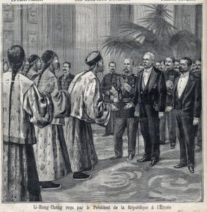 Tasavallan presidentti Felix Faure (1841-1899) otti vastaan Li Hongzhangin Elyseen palatsissa. Kaiverrus "Le Petite Parisien" tekijältä Anonymous Anonymous