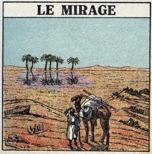 Valon taittuminen: mirage. Ilmakehän taittuminen antaa illuusion keitasta, joka ilmestyy erämaahan. Anonyymi kuvitus vuodelta 1925. Yksityiskokoelma. tekijältä Anonymous Anonymous