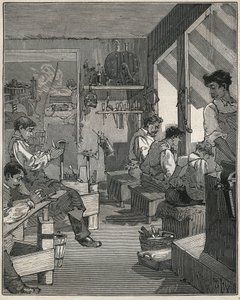 Kampien valmistus työpajassa Ranskassa 1800-luvulla. Kaiverrus vuodelta 1885 kirjassa "Les arts et metiers illustres", kirjoittanut Adolphe BITARD. tekijältä Anonymous Anonymous