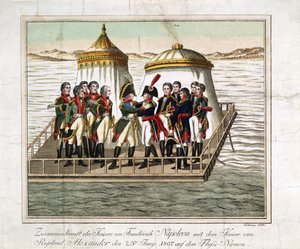Venäjän keisarien Aleksanteri I:n ja Ranskan Napoleon I:n tapaaminen Nemanissa Tilsitin lähellä - Anonyymi - 1807 - Etsaus, akvarelli - 29,7x39,7 - Yksityiskokoelma tekijältä Anonymous Anonymous