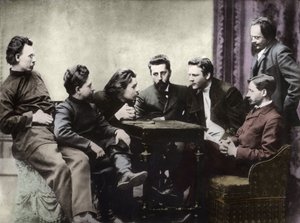 Venäläisten realististen kirjailijoiden 1890-luvun jälkipuoliskolla perustaman Sreda-kirjallisuuspiirin jäseniä - Znanie-kirjallisuusryhmän venäläisten älymystöjen muotokuvia: vasemmalta oikealle, Andrei Skitalets (Stephan Gabrilovich Petrov), Leonid Nikol tekijältä Anonymous Anonymous