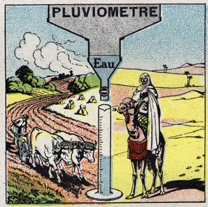 Meteorologia: sateen vaikutus ilmastoon, sateen käyttö. Anonyymi kuvitus vuodelta 1925. Yksityiskokoelma. tekijältä Anonymous Anonymous
