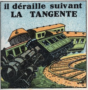 Liikkeet: tangentti. Junan suistuminen raiteilta. Nimetön kuvitus vuodelta 1925. Yksityinen kokoelma. tekijältä Anonymous Anonymous