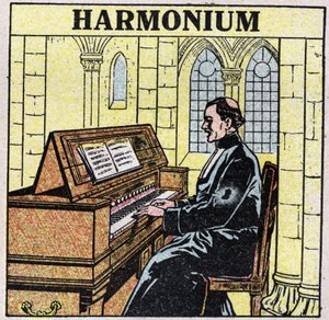 Soittimet: puhallinsoittimet lantiolla. Harmoniumsoitin kirkossa. Anonyymi kuvitus vuodelta 1925. Yksityiskokoelma. tekijältä Anonymous Anonymous