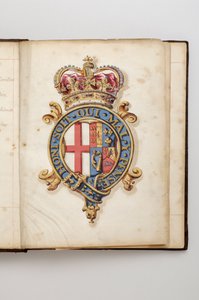 Sukkanauhan ritarikunta: Graftonin herttua Charles Fitzroylle kuulunut ohjekirja - Hanovrilaisten kuninkaalliset käsivarret 1714–1801 (akvarellikäsikirjoitus, alku1700-luku) tekijältä Anonymous Anonymous