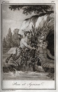 Pan ja nymfi Syrinx muuttuivat ruokoiksi (Pan ja Nymph Syrinx). Kaiverrus vuodelta 1819 Charles Albert Demoustier