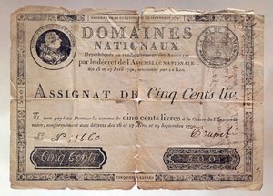 Ranskan vallankumouksen aikana julkaistu paperi: 500 punnan toimeksianto vuodelta 1790. Yksityinen kokoelma tekijältä Anonymous Anonymous