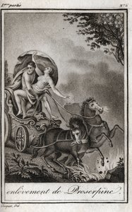 Pluto (Hades) vie Persephonen (Proserpine) äitinsä Ceresin (Demeter) eteen ja vie hänet alamaailman valtakuntaan. Pluto kuljettaa Persefonen valtakuntaansa, kreikkalaisen mytologian alamaailmaan. Kaiverrus vuodelta 1819 kirjassa ”Lettres a Emilie s tekijältä Anonymous Anonymous