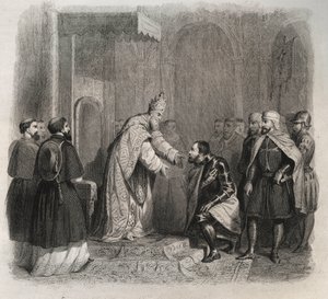 Paavi Pyhä Pius V (Pius tai Pio) (1566-1572) vastaanottaa Lepanten taistelun voittajan. Kaiverrus vuodelta 1846 kirjassa "Pyhien elämää". Yksityinen kokoelma. tekijältä Anonymous Anonymous