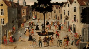 Suosittu perinne: "" Suosittu juhla Arbre de Mai (jalava) ympärillä Pariisissa"" Anonyymi maalaus. 1500-luvun aurinko. 0,7x1,3 m Pariisi, Musee Carnavalet tekijältä Anonymous Anonymous