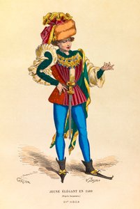 Nuoren elegantin muotokuva ja puku Pariisissa vuonna 1480, kaiverrus - yksityinen kokoelma tekijältä Anonymous Anonymous