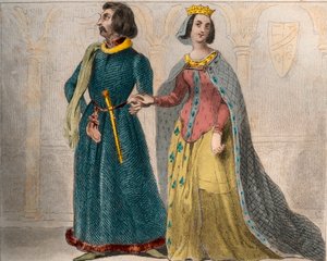 Muotokuva Ranskan kuningattaresta Charlotte de Savoie (1441-1483) yhdessä Ranskan Ludvig XI:n kanssa, joka tunnetaan nimellä Varovainen (1423-1483). Kaiverrus vuodelta 1859 Le Mondessa. Kaikkien kansojen historia kaukaisimmista ajoista nykypäivään." kirjoi tekijältä Anonymous Anonymous