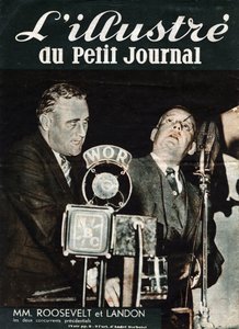 Muotokuva Franklin Delano Rooseveltistä (1882-1945) ja Alfred Mossman "" Alf"" Landonista (1887-1987), kahdesta kilpailijasta Yhdysvaltain presidentinvaaleissa. "" L