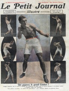 Muotokuva ranskalaisesta nyrkkeilijästä Georges Carpentieristä, joka taistelee amerikkalaisen nyrkkeilijän Jack Dempseyn kanssa maailmanmestarin tittelistä. Kuva otettu julkaisusta "" Le petit journal illustrious""" 19.6.1921. Yksityinen kokoelma tekijältä Anonymous Anonymous