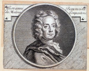 Italian barokkisäveltäjän ja -sellistin Giovanni Battista Bononcinin muotokuva (kaiverrus 1700-luku) tekijältä Anonymous Anonymous