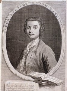 Italian kastraatin Carlo Broschin muotokuva nimeltä Farinelli (kaiverrus. 1735) tekijältä Anonymous Anonymous