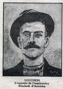 Muotokuva Luigi Luchenista (1873-1910), italialainen anarkisti, salamurhaaja vuonna 1898 Elisabeth de Wittelsbachista, Itävallan keisarinnasta, joka tunnetaan nimellä Sissi. Kaiverrus "" L