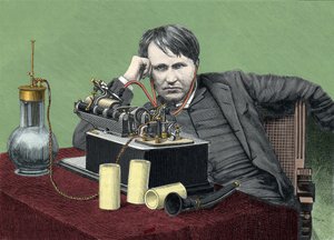 Amerikkalaisen fyysikon Thomas Edisonin (1847-1931) muotokuva ja hänen fonografinsa. Kaiverrus noin vuonna 1900. tekijältä Anonymous Anonymous