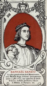 Italian renessanssitaiteilijan Rafaelin (Raffaello Sanzio 1483-1520) muotokuva. Kaiverrus vuodelta 1914. Yksityinen kokoelma. tekijältä Anonymous Anonymous