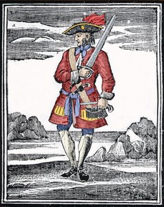 Merirosvo Jack Rackhamin muotokuvassa lukee Red tai John Rackham, joka tunnetaan paremmin nimellä Calico Jack (? 1720). Kaiverrus. tekijältä Anonymous Anonymous