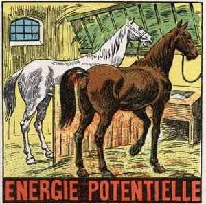 Potentiaalinen energia: hevoset lepäävät tallissa. Anonyymi kuvitus vuodelta 1925. Yksityiskokoelma. tekijältä Anonymous Anonymous