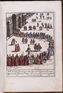 Procession du doge et de son entourage sur la place Saint Marc, Venise - Dogen kulkue ja hänen seurueensa Piazza San Marcolla Venetsiassa, Anonymous. Kuparikaiverrus, akvarelli tekijältä Anonymous Anonymous