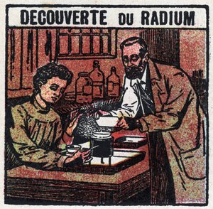 Radium: Pierre (1859-1906) ja Marie Curie (1867-1934) löysivät radiumin vuonna 1898. Nimetön kuvitus vuodelta 1925. Yksityinen kokoelma. tekijältä Anonymous Anonymous